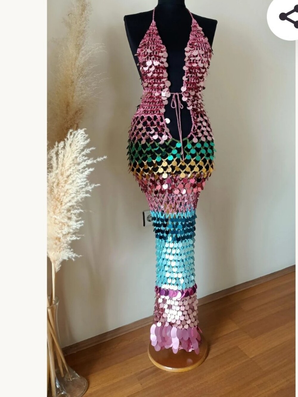 NWOT Womens Handmade Crochet Maxi Dress with Colorful Sequins - Picture 3 of 9